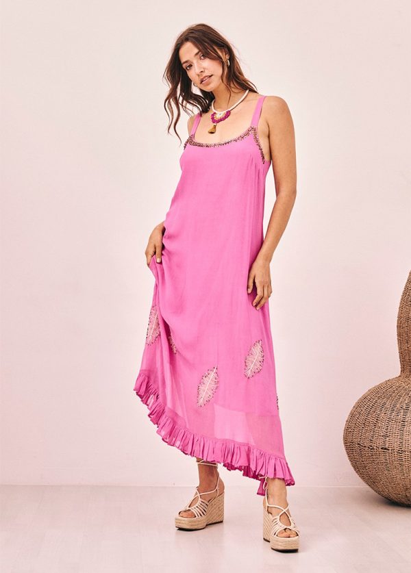 Vestido largo liso bordado