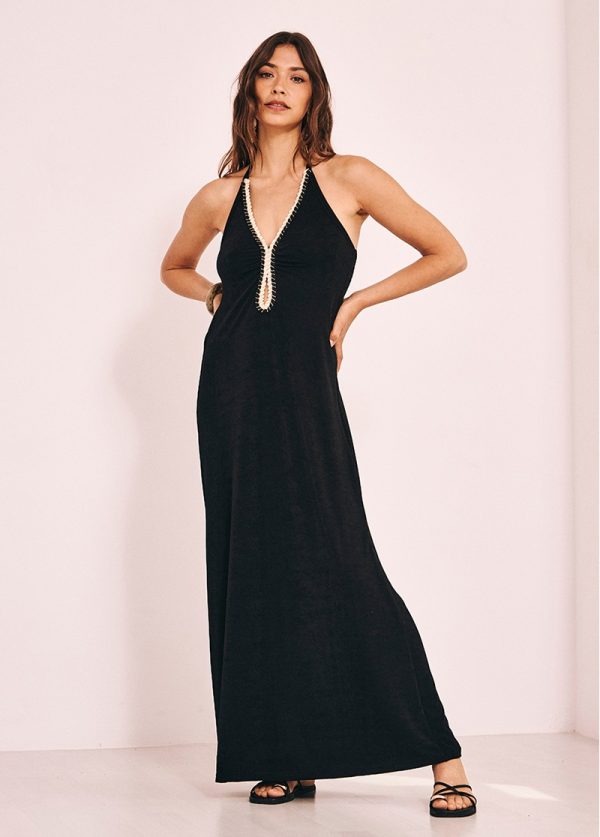 Vestido halter largo de punto con trenza en escote