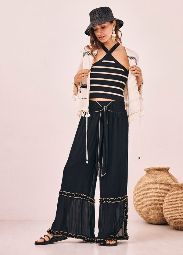 Pantalon anudado fluido con volantes lurex