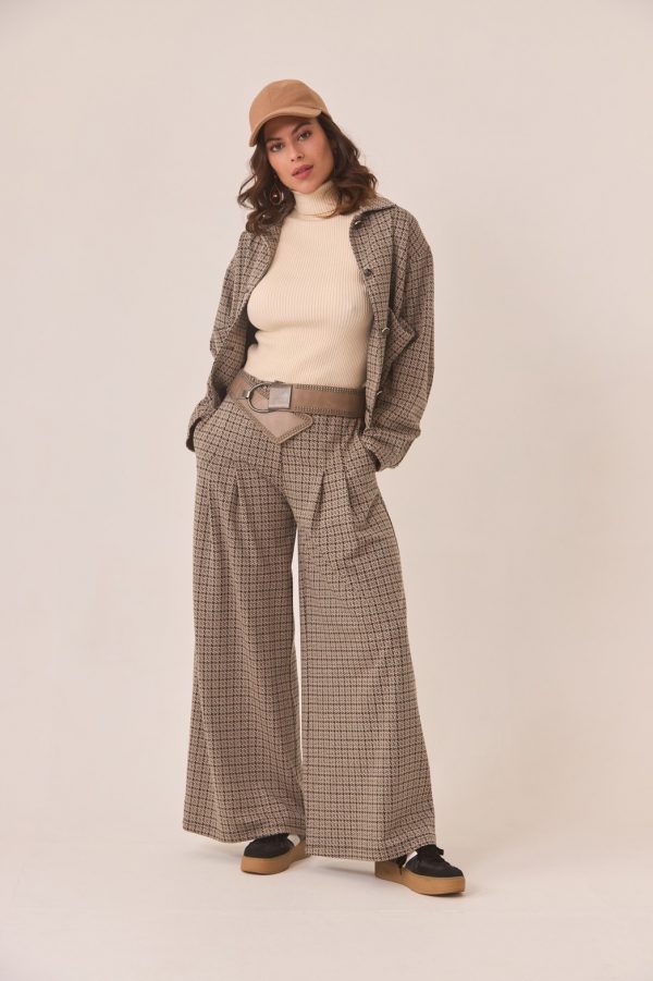 Pantalón Wide Leg de Punto Estampado Pata de Gallo
