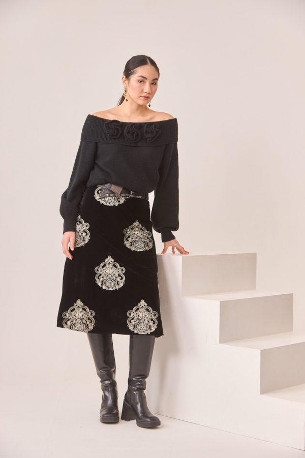 Falda Midi en Terciopelo Bordado Damasco