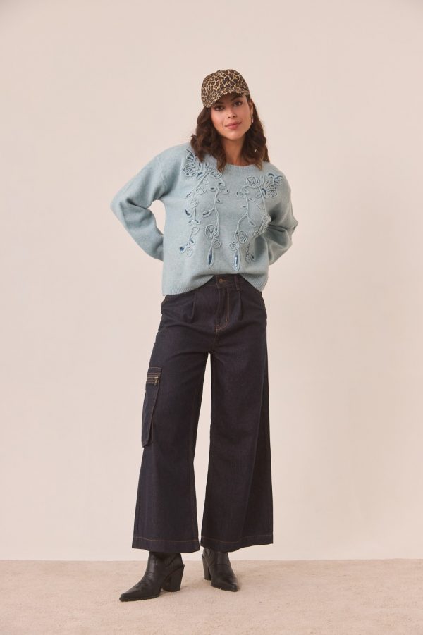 Pantalón Cargo Wide Leg en Denim de Algodón