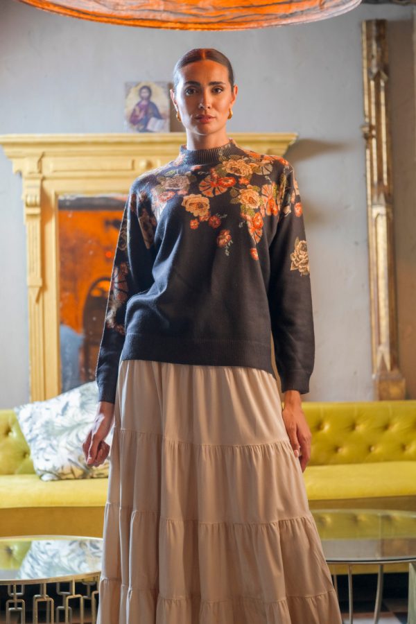 Jersey Tomillo Negro Flor Naranja Talla Única